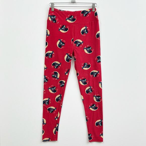 LULAROE Black Cat on the Moon Leggings Red Stretchy Super Soft Women's One Size - Picture 2 of 7